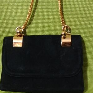 Elegant Black Suede Handbag with Gold Chain 1960 Boho DISCO BAG